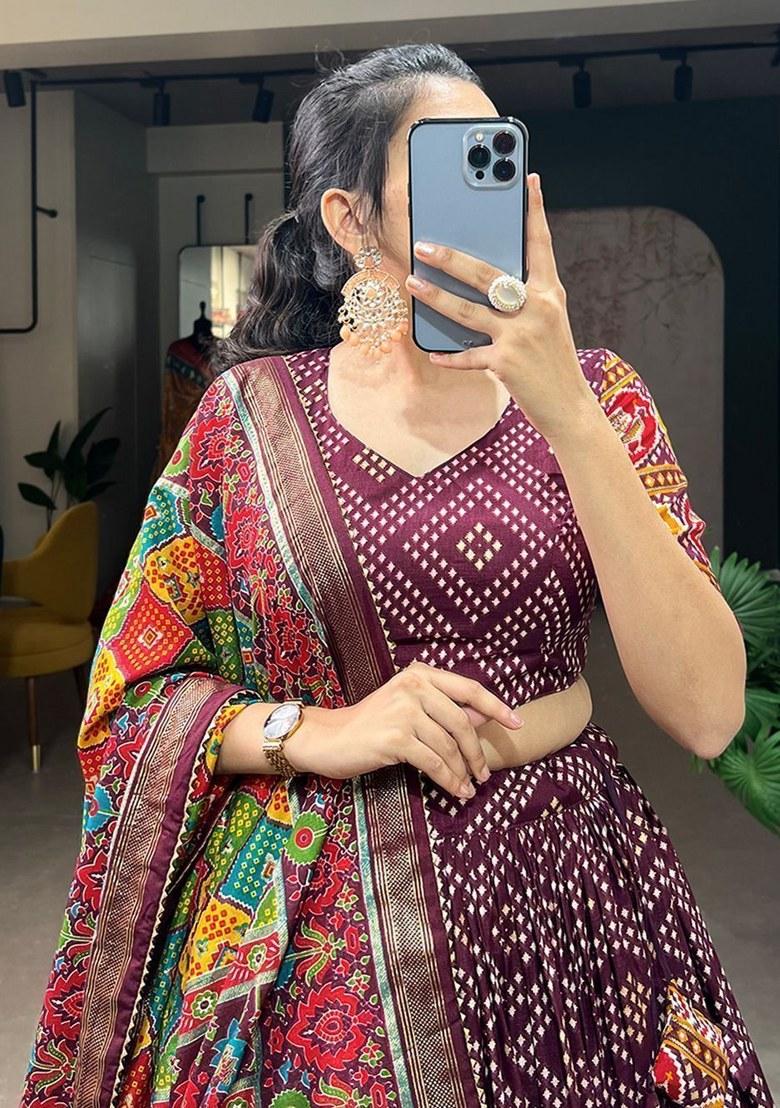 Purple Printed Silk Lehenga Set With Dupatta