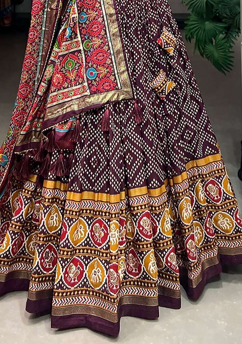 Purple Printed Silk Lehenga Set With Dupatta - Indya