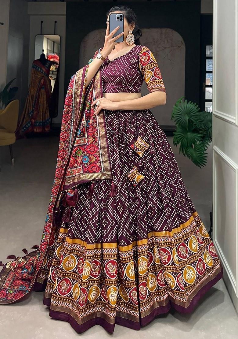 Purple Printed Silk Lehenga Set With Dupatta