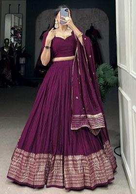 Wine Embroidered Chanderi Lehenga Set With Dupatta