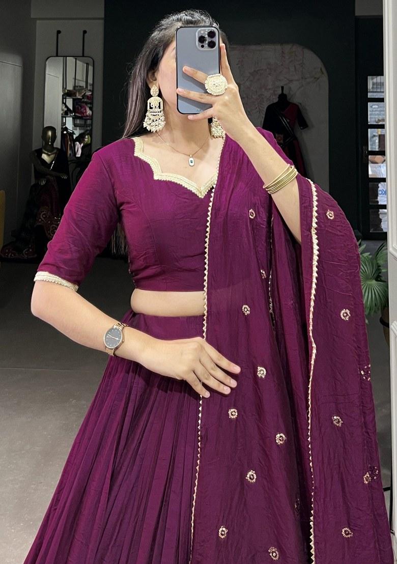 Wine Embroidered Chanderi Lehenga Set With Dupatta