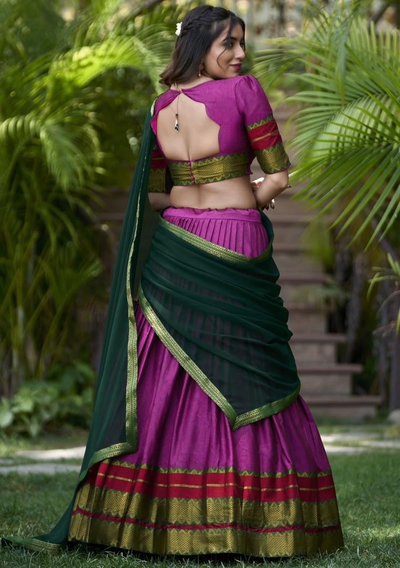 Purple Embroidered Cotton Lehenga Set With Dupatta