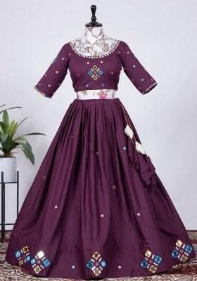 Purple Embroidered Cotton Lehenga Set With Dupatta