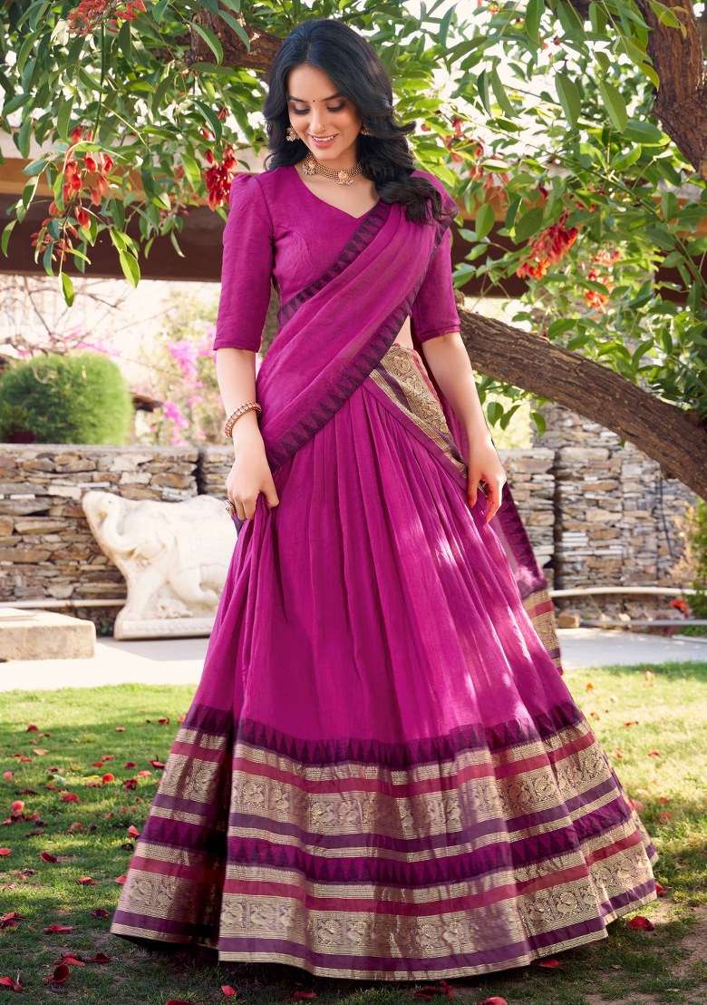 Pink Embroidered Chanderi Lehenga Set With Dupatta for Diwali and Festive Wear - Indya