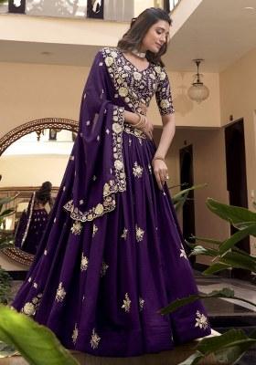 Purple Embroidered Silk Lehenga Set With Dupatta