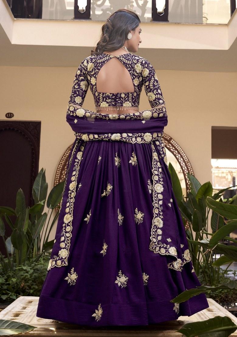 Purple Embroidered Silk Lehenga Set With Dupatta