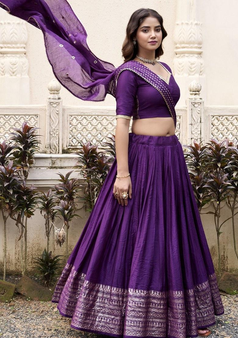 Purple Embroidered Chanderi Lehenga Set With Dupatta