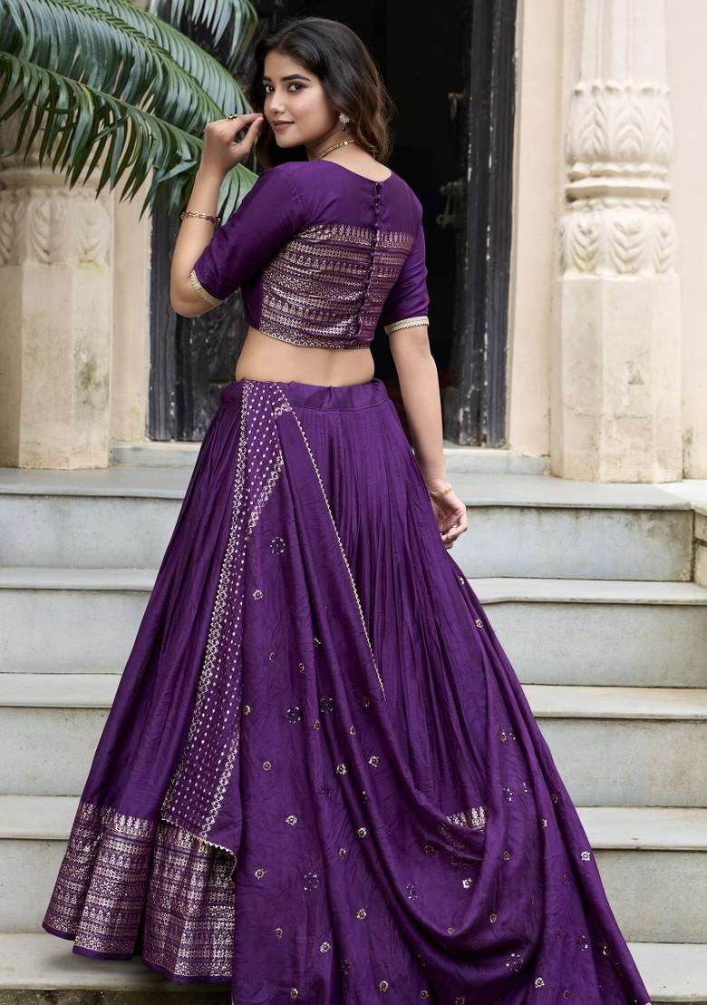 Purple Embroidered Chanderi Lehenga Set With Dupatta for Diwali and Festive Wear - Indya