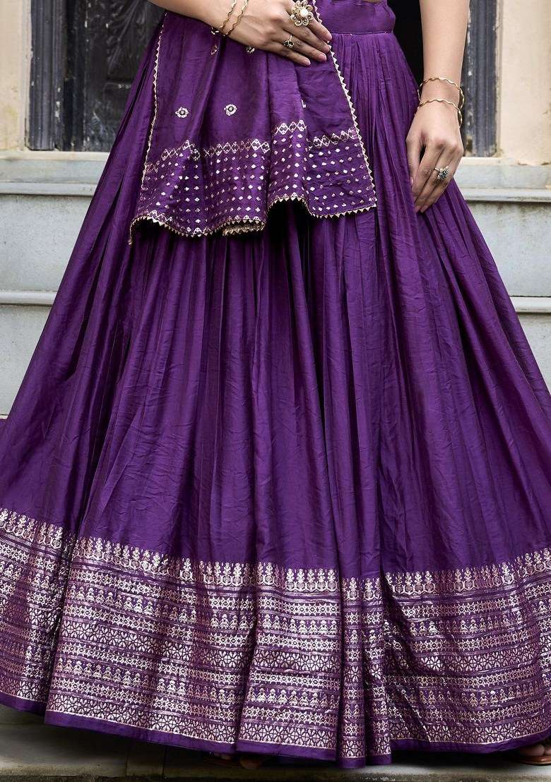 Purple Embroidered Chanderi Lehenga Set With Dupatta for Diwali and Festive Wear - Indya
