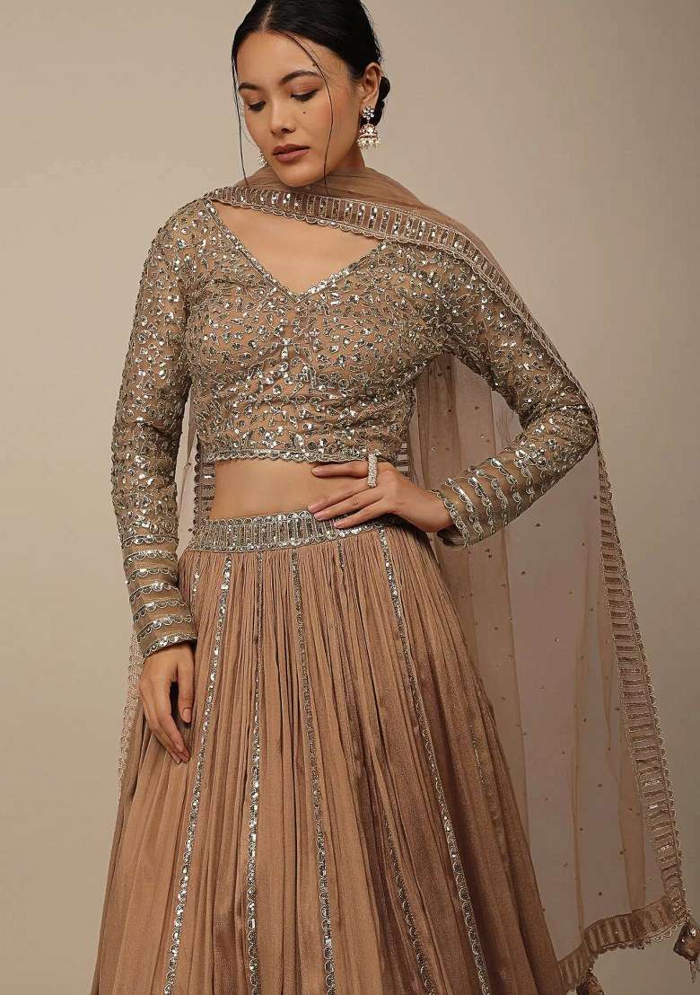 Beige Embroidered Georgette Lehenga Set With Dupatta for Diwali and Festive Wear - Indya