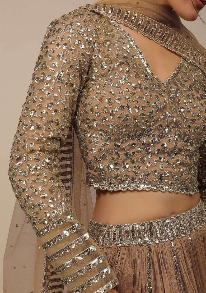 Beige Embroidered Georgette Lehenga Set With Dupatta for Diwali and Festive Wear - Indya