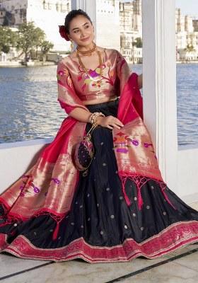Black Embroidered Silk Lehenga Set With Dupatta
