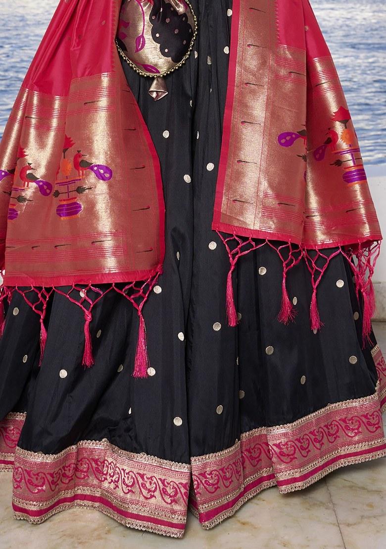 Black Embroidered Silk Lehenga Set With Dupatta