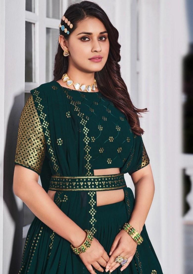 Green Embroidered Georgette Lehenga Set With Dupatta