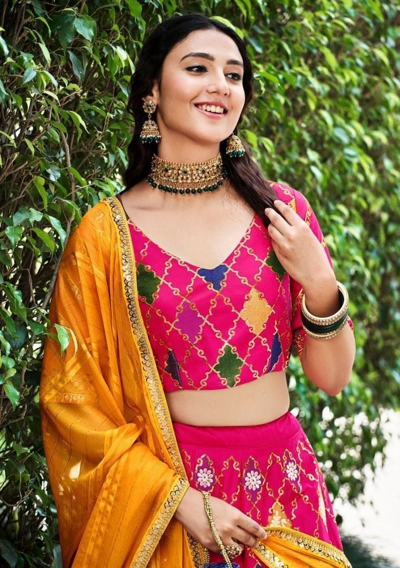 Pink Embroidered Silk Lehenga Set With Dupatta