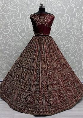 Maroon Embroidered Velvet Lehenga Set With Dupatta