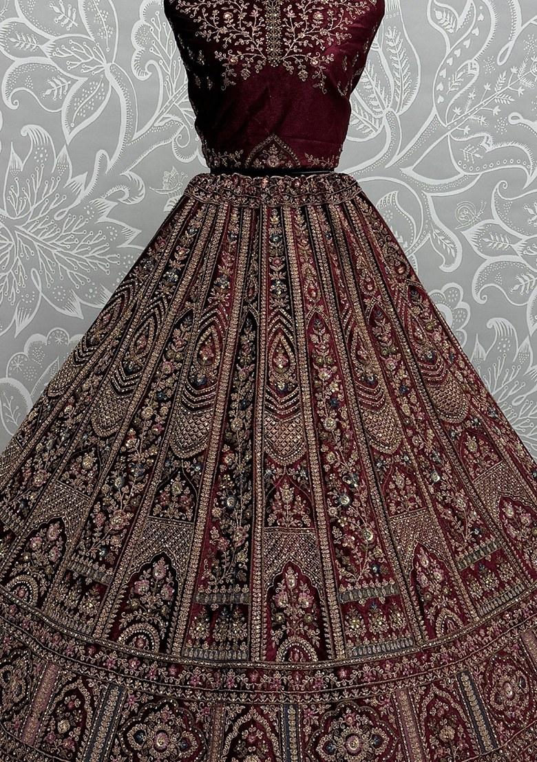 Maroon Embroidered Velvet Lehenga Set With Dupatta