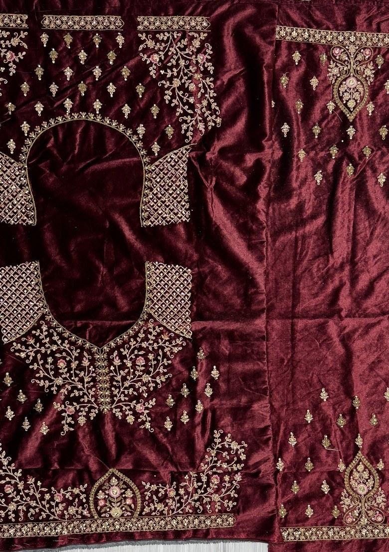 Maroon Embroidered Velvet Lehenga Set With Dupatta