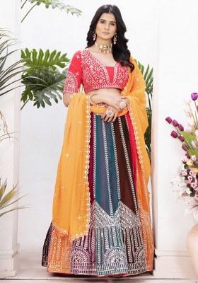 Multicolor Embroidered Georgette Lehenga Set With Dupatta