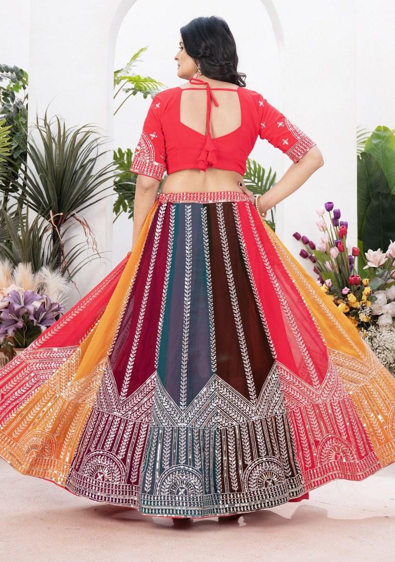 Multicolor Embroidered Georgette Lehenga Set With Dupatta