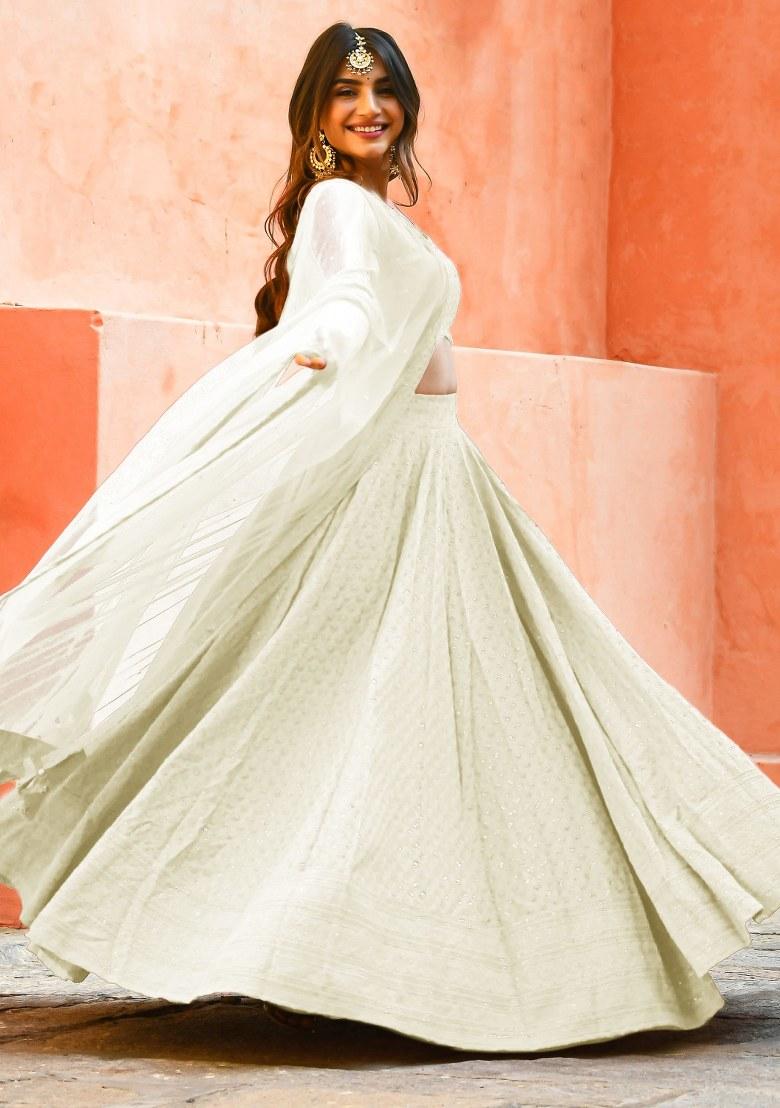 Off White Embroidered Georgette Lehenga Set With Dupatta
