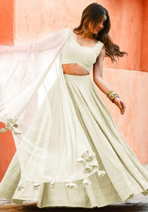 Off White Embroidered Georgette Lehenga Set With Dupatta