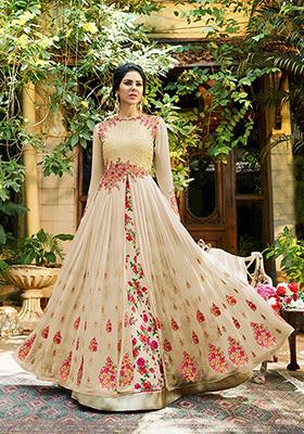 Beige Digital Print Georgette Lehenga Set