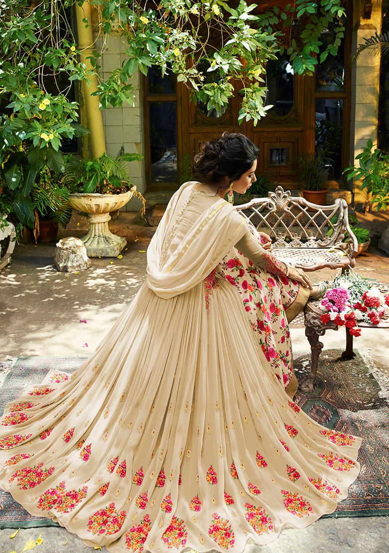 Beige Digital Print Georgette Lehenga Set - Indya