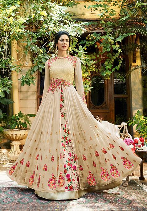 Beige Digital Print Georgette Lehenga Set