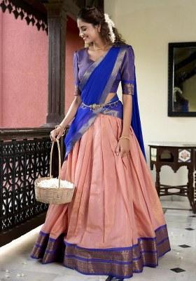 Peach Embroidered Silk Lehenga Set With Dupatta