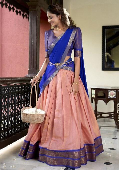 Peach Embroidered Silk Lehenga Set With Dupatta