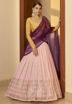 Pink Embroidered Georgette Lehenga Set With Dupatta