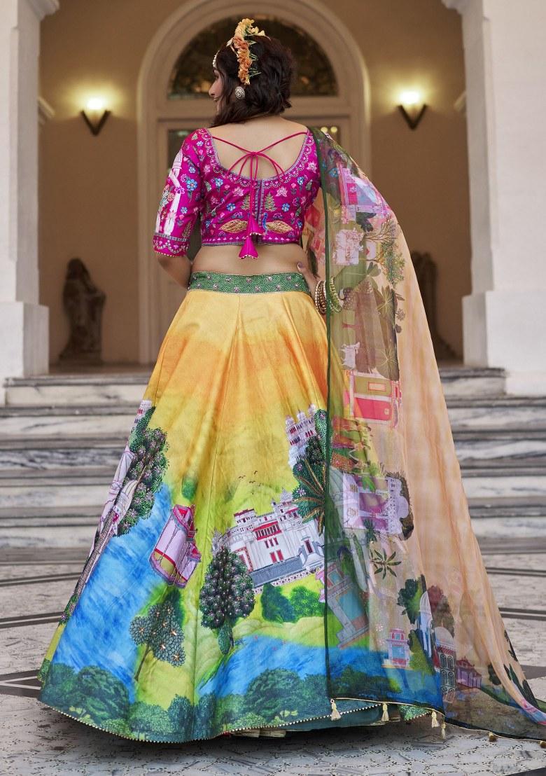 Yellow Printed Art Silk Lehenga Set With Dupatta