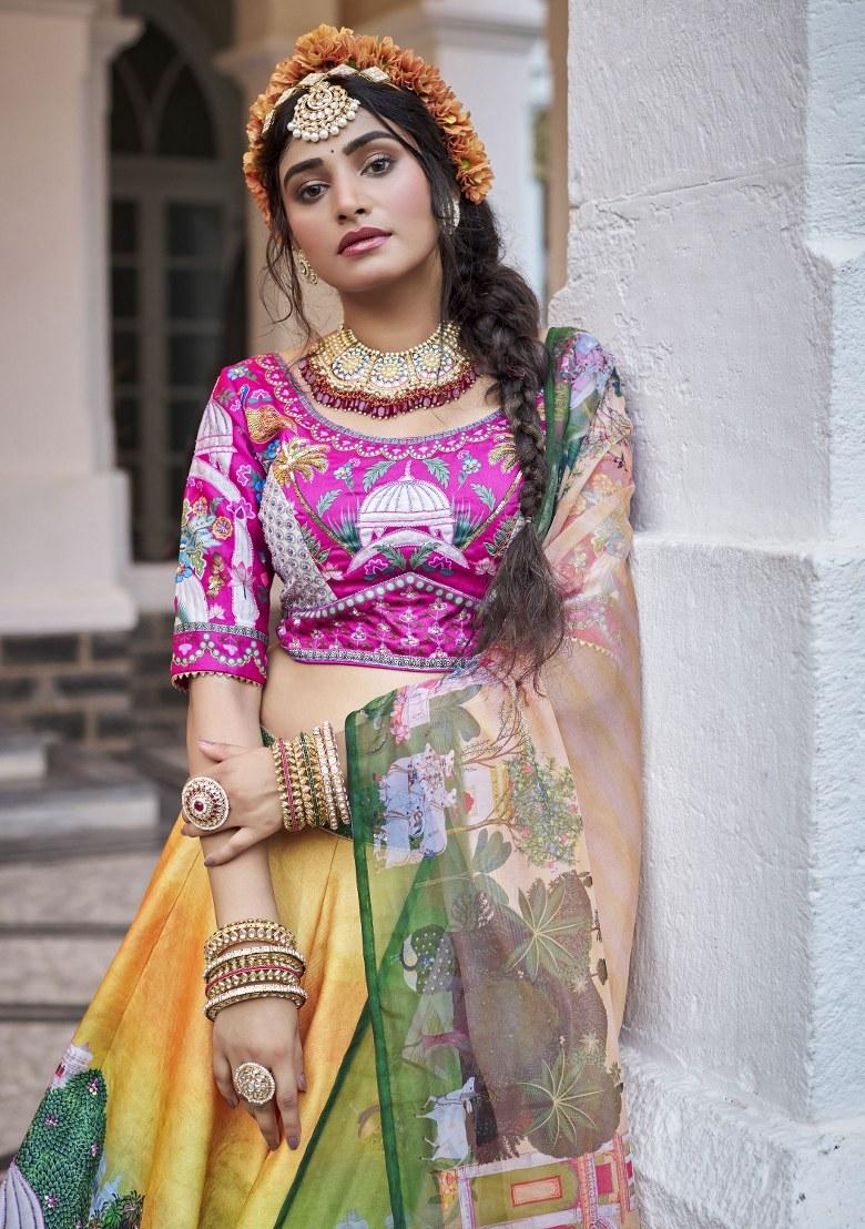 Yellow Printed Art Silk Lehenga Set With Dupatta