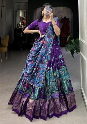 Purple Printed Silk Lehenga Set With Dupatta