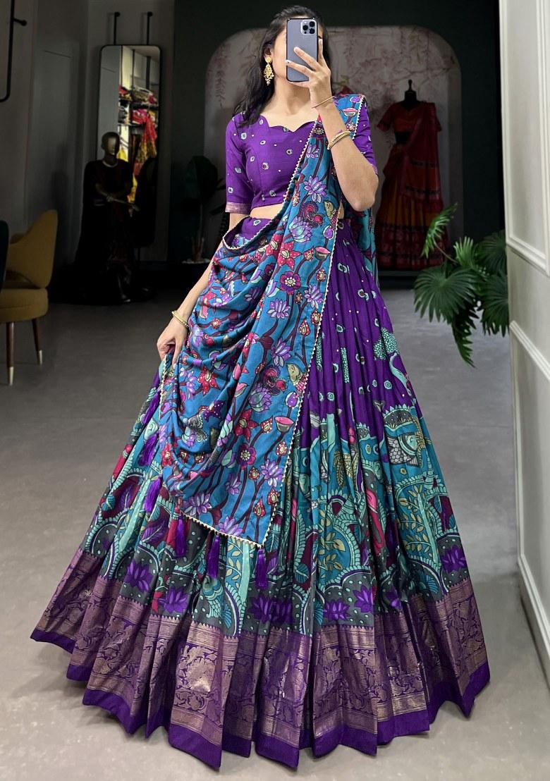 Purple Printed Silk Lehenga Set With Dupatta
