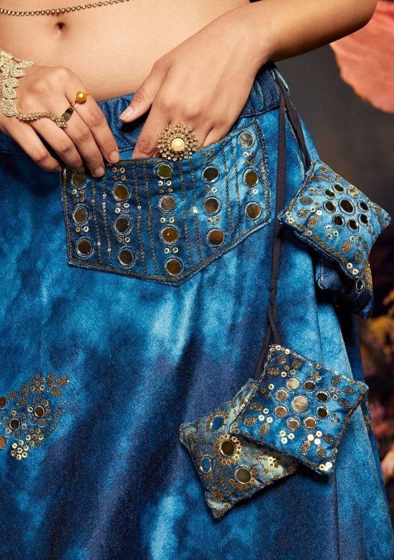 Blue Embroidered Velvet Lehenga Set With Dupatta