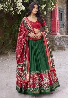 Green Printed Silk Lehenga Set With Dupatta