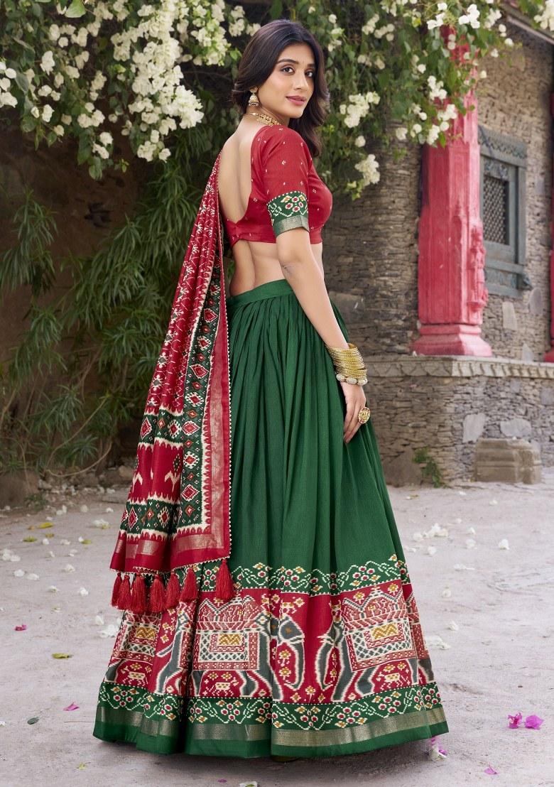 Green Printed Silk Lehenga Set With Dupatta