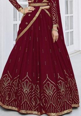 Maroon Embroidered Georgette Lehenga Set With Dupatta