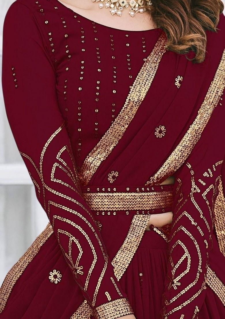Maroon Embroidered Georgette Lehenga Set With Dupatta