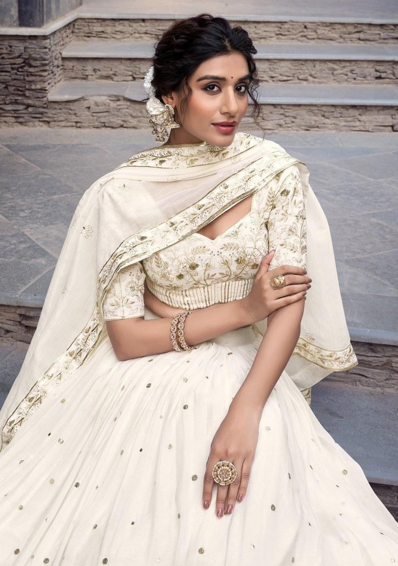 Off White Embroidered Silk Lehenga Set With Dupatta
