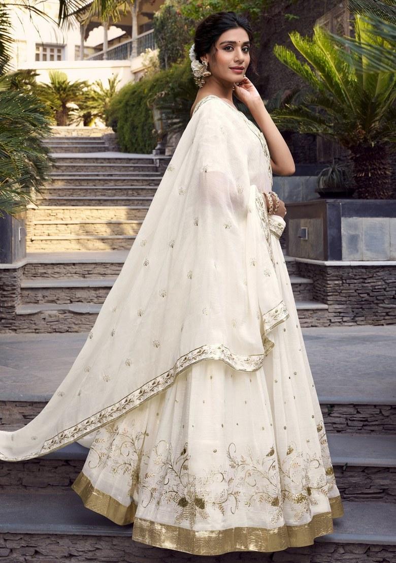 Off White Embroidered Silk Lehenga Set With Dupatta