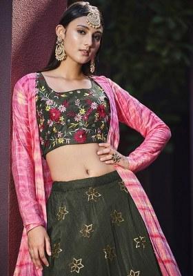 Green Embroidered Silk Lehenga Set With Dupatta