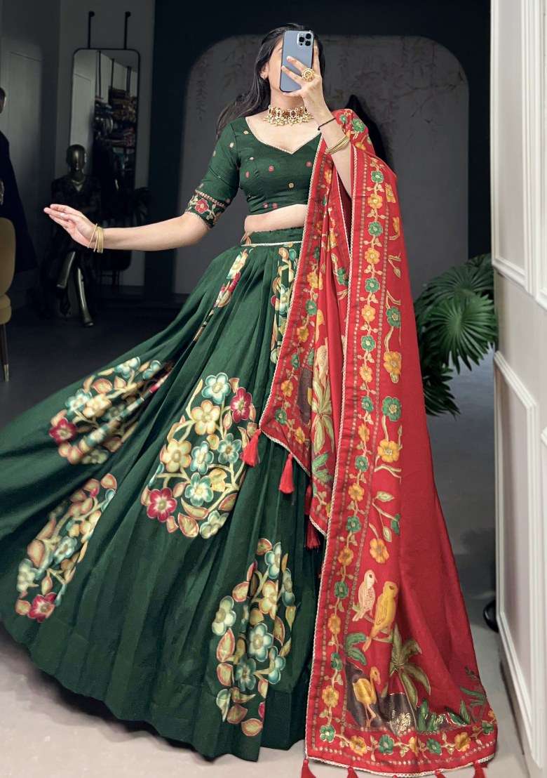 Green Printed Silk Blend Lehenga Set With Dupatta - Indya