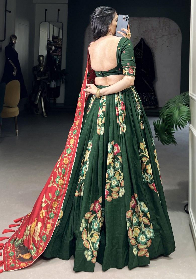 Green Printed Silk Lehenga Set With Dupatta