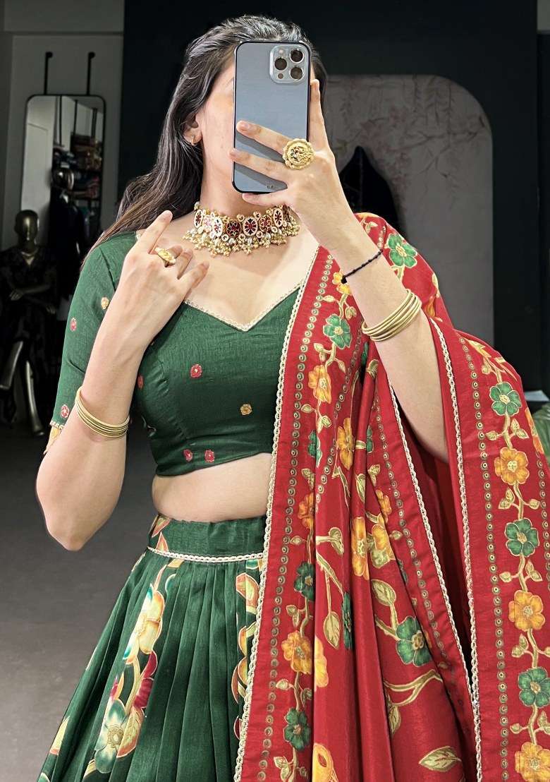 Green Printed Silk Blend Lehenga Set With Dupatta - Indya