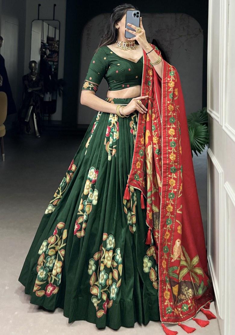 Green Printed Silk Lehenga Set With Dupatta