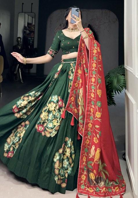 Green Printed Silk Lehenga Set With Dupatta — view on Indya