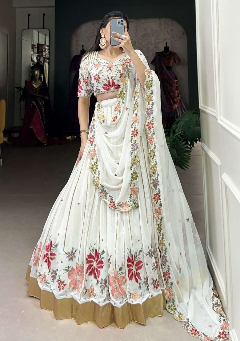 Off White With Dupatta Georgette Lehenga Set with Embroidered for Diwali | Wedding & Festive Wear - Indya
